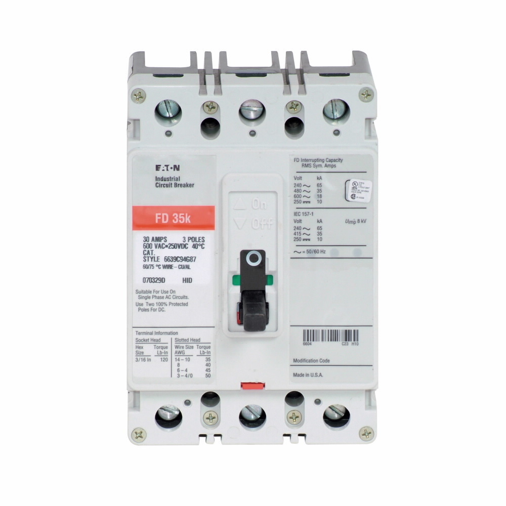 FD3020L C Series Type FD Molded Case Circuit Breaker, 600 V AC/250 V DC, 20 A, 35 kAIC at 480 VAC/65 kAIC at 240 VAC Interrupt, 3 Poles, Thermal Magnetic Trip