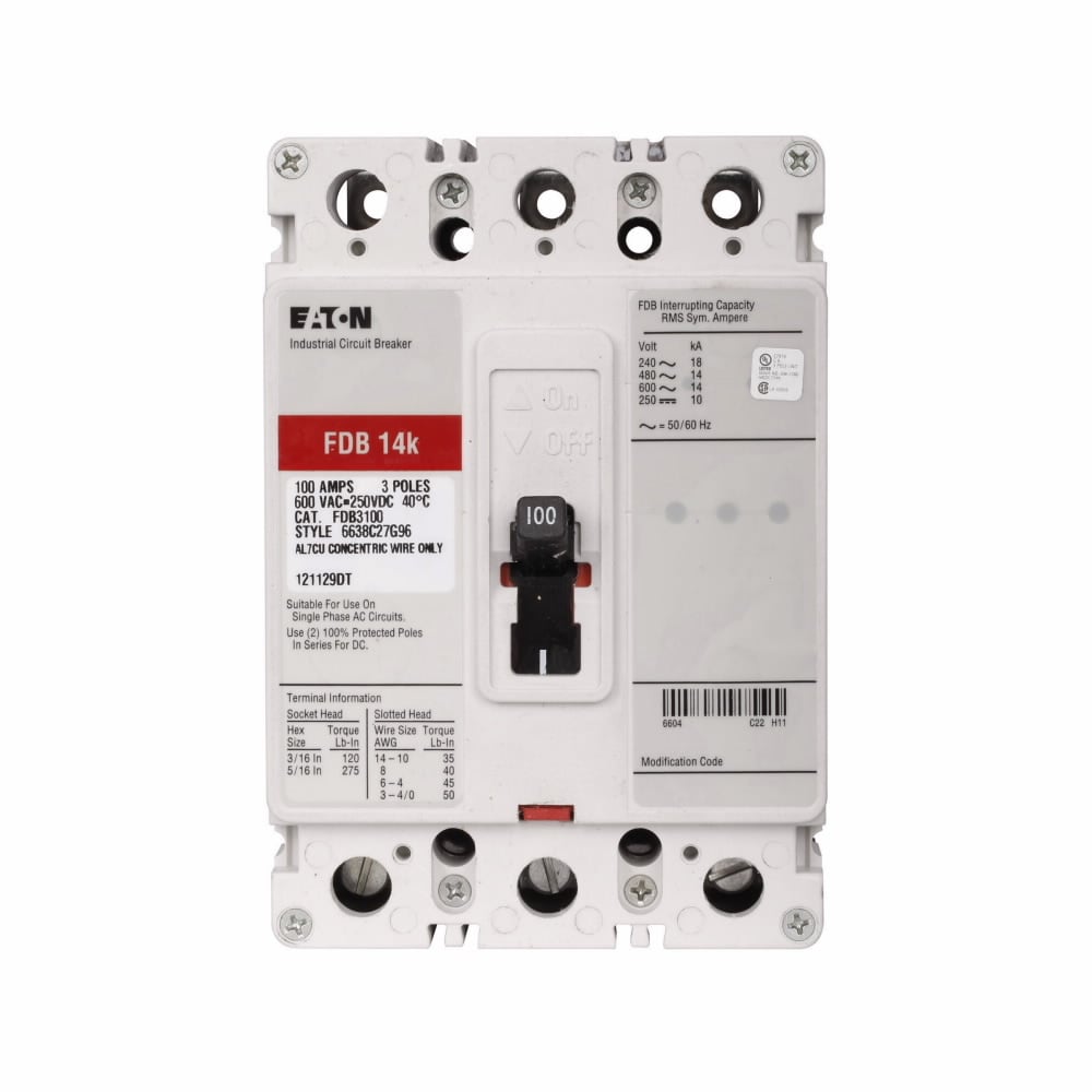 FDB3020L C Series Type FDB Molded Case Circuit Breaker, 600 V AC/250 V DC, 20 A, 18 kAIC at 240 VAC/14 kAIC at 480 VAC Interrupt, 3 Poles, Thermal Magnetic Trip