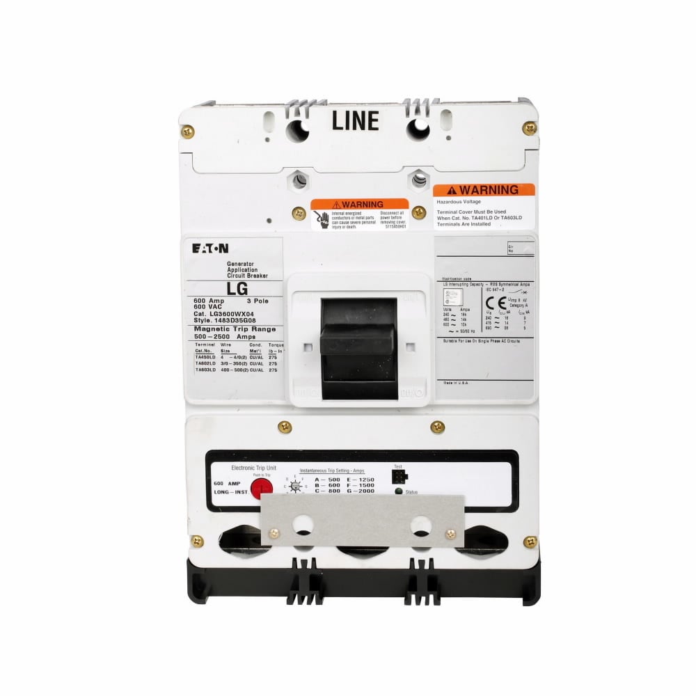 LG3500 G Series Engine Generator Molded Case Circuit Breaker, 600 V AC, 500 A, 3 Poles, Thermal Magnetic Trip