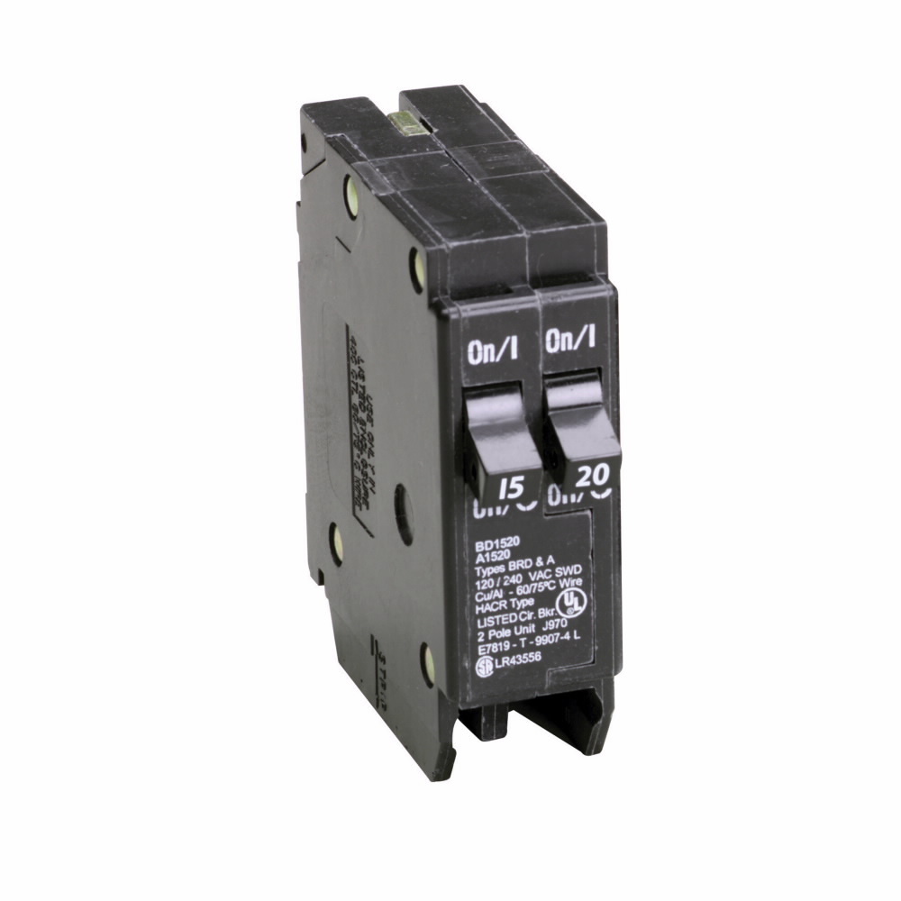 BD1520 Type BD Duplex Circuit Breaker, 120 V AC, (1) 15 A, (1) 20 A, 10 kA Interrupt, 1 Poles, Thermal Magnetic Trip