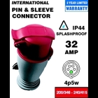 32A, 200/346-240/415V, IEC 309-1 and 309-2, 4P, 5W, Industrial Grade, IP44, Splash Proof, International-Rated Pin/Sleeve Connector, Red