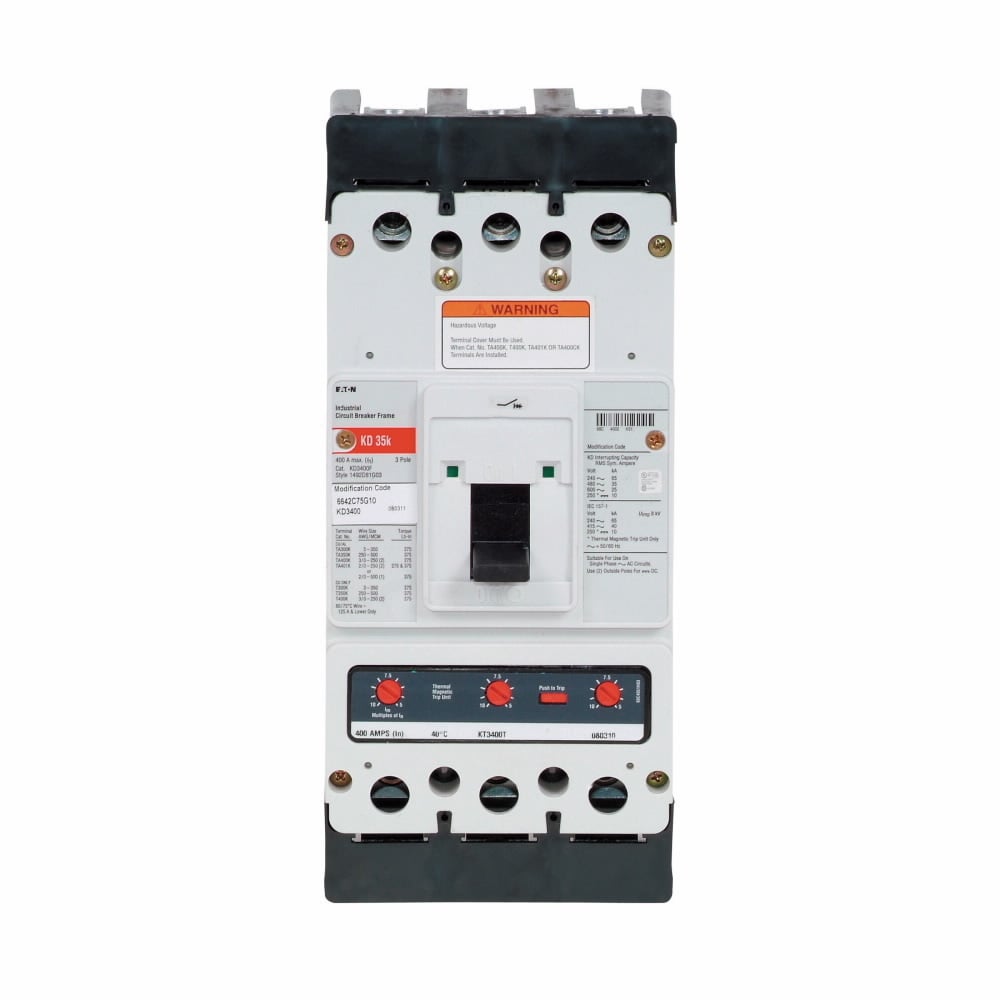 KD3350M01Z15 C Series Type KD Molded Case Circuit Breaker, 600 V AC/250 V DC, 350 A, 35/65 kA Interrupt, 3 Poles, Thermal Magnetic Trip