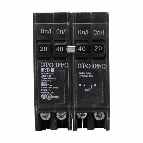 BQC2402120 Type BQC Quadplex Circuit Breaker, 120/240 V AC, (2) 20 A, (1) 40 A, 10 kA Interrupt, 4 Poles, Thermal Magnetic Trip
