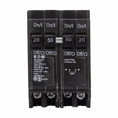 BQC2502120 Type BQC Quadplex Circuit Breaker, 120/240 V AC, (2) 20 A, (1) 50 A, 10 kA Interrupt, 4 Poles, Thermal Magnetic Trip
