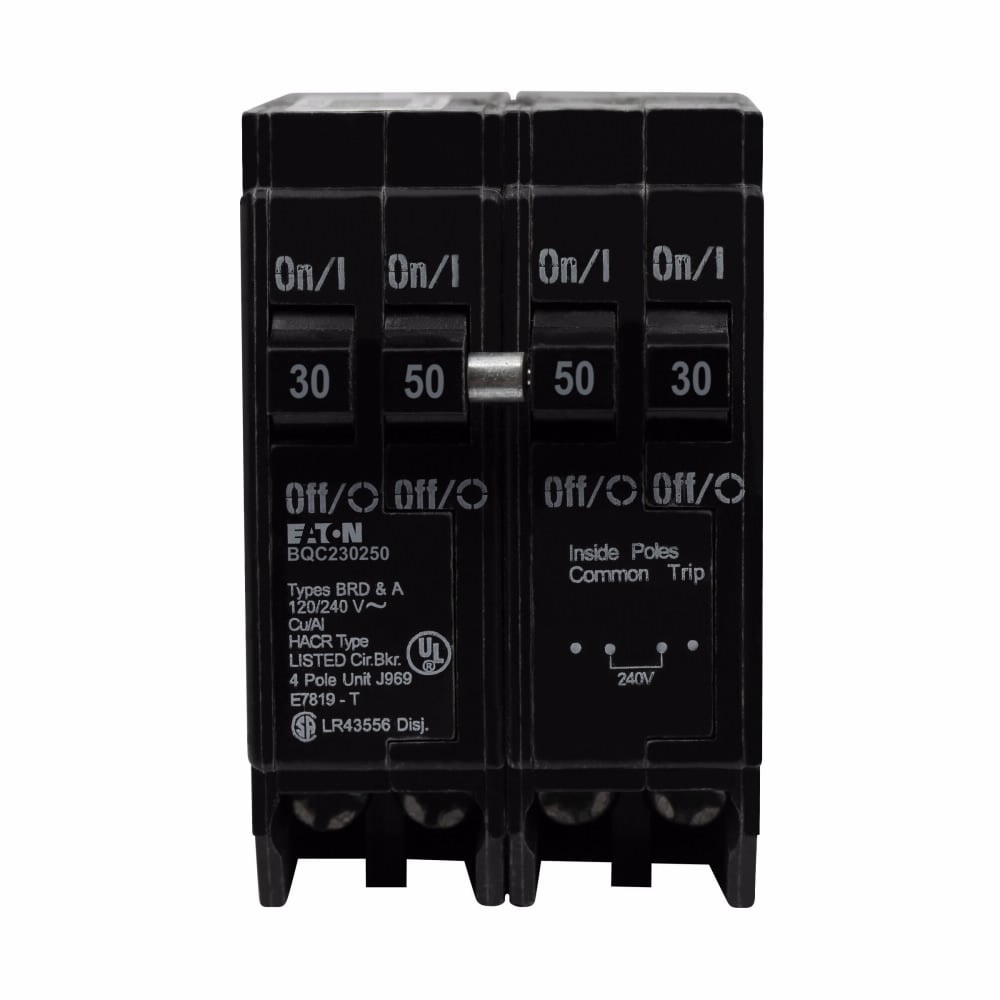 BQC230250 Type BQC Quadplex Circuit Breaker, 120/240 V AC, (1) 30 A, (1) 50 A, 10 kA Interrupt, 4 Poles, Thermal Magnetic Trip