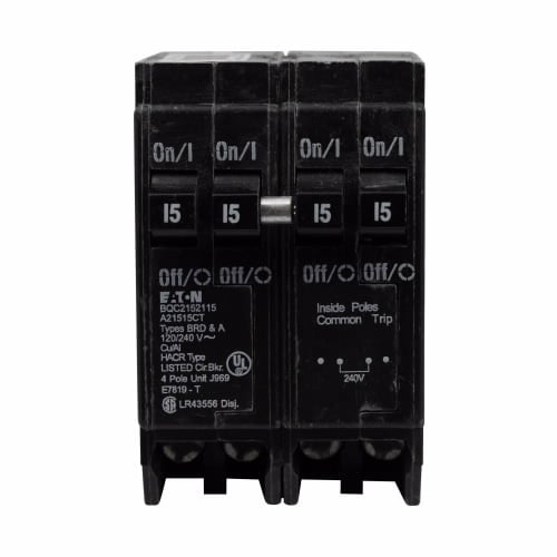 BQC2202115 Quadplex Type BQC CTL Circuit Breaker, 120/240 V AC, 15 to 20 A, 10 kA Interrupt, 4 Poles, Thermal Magnetic Trip