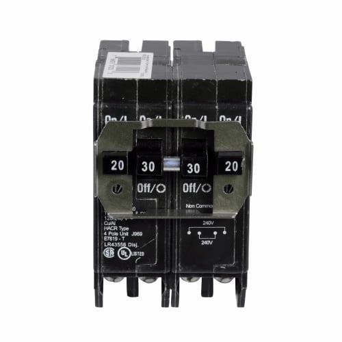 BRDC230250 Quadplex Type BR Circuit Breaker, 120/240 V AC, 30 to 50 A, 10 kA Interrupt, 4 Poles, Thermal Magnetic Trip