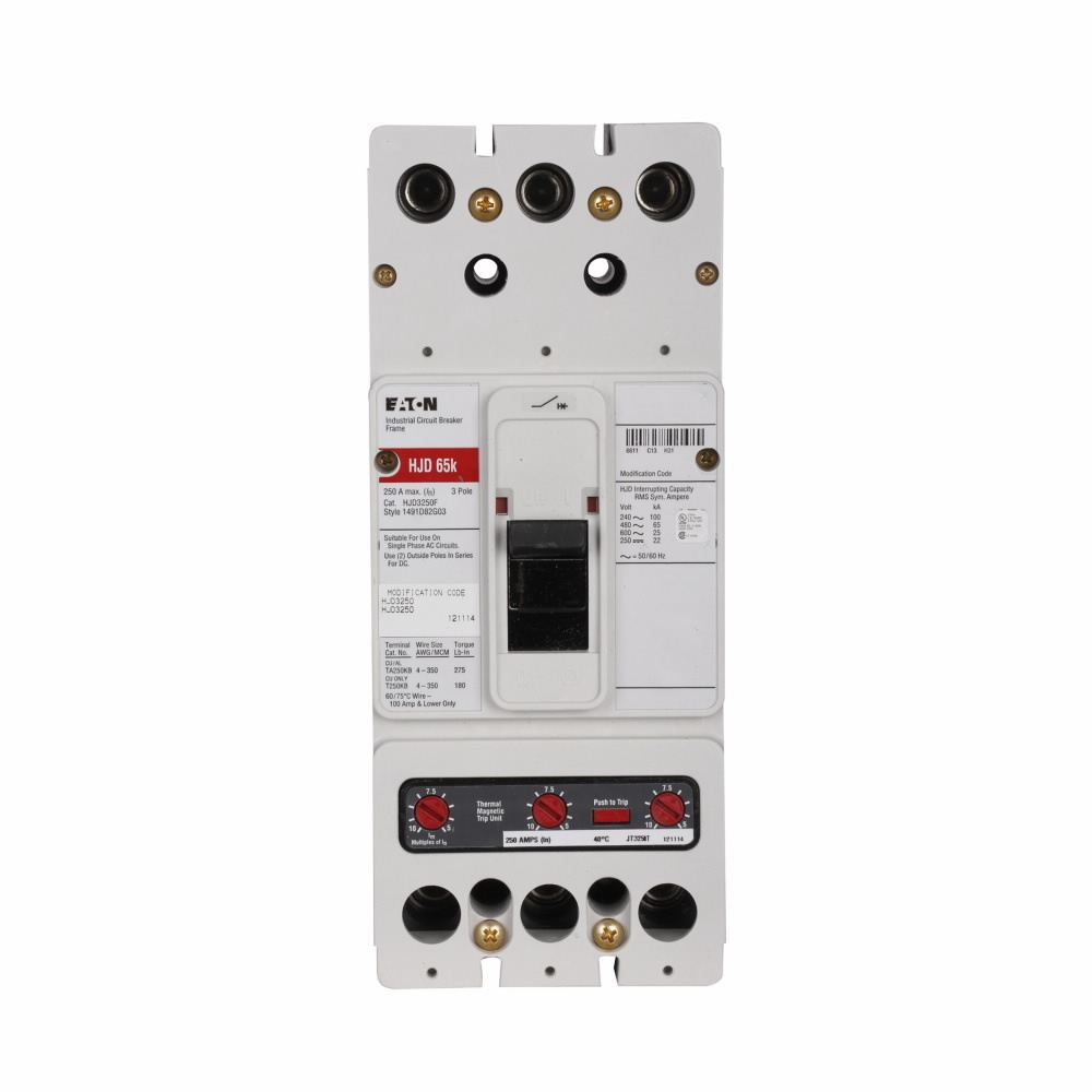 JD3225 C Series Type JD Standard Interrupting Capacity Molded Case Circuit Breaker, 600 V AC/250 V DC, 225 A, 35/65 kA Interrupt, 3 Poles, Thermal Magnetic Trip