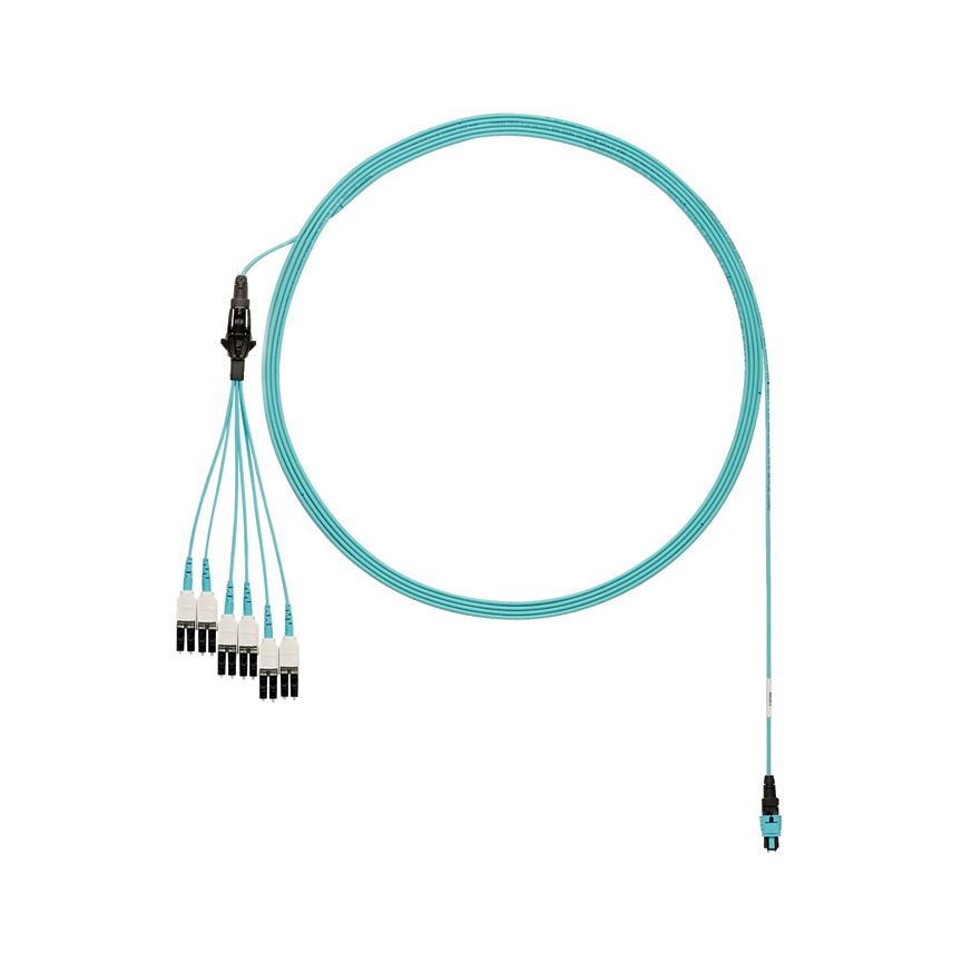 FZTRP8NUHSNF091 QuickNet 12-Fiber OM4 Multi-Mode Round Plenum OFNP Harness Cable Assembly, MPO Plug End A, LC Uniboot End B, 91 ft L, Aqua
