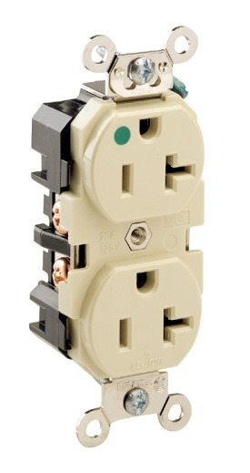 8300-I 1-Phase Duplex Extra Heavy Duty Straight Blade Receptacle, 125 V AC, 20 A, 2 Poles, 3 Wires, Ivory