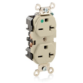 8400-I Duplex Extra Heavy Duty Wide Body Straight Blade Receptacle, 250 V AC, 20 A, 2 Poles, 3 Wires, Ivory