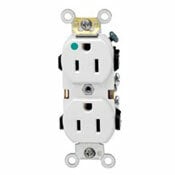 8200-HW Heavy Duty Straight Blade Duplex Receptacle, 125 V AC, 15 A, 2 Poles, 3 Wires, White