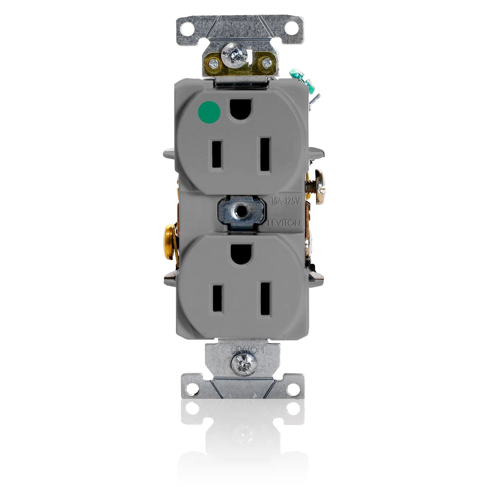 8200-HGY Heavy Duty Straight Blade Duplex Receptacle, 125 V AC, 15 A, 2 Poles, 3 Wires, Gray