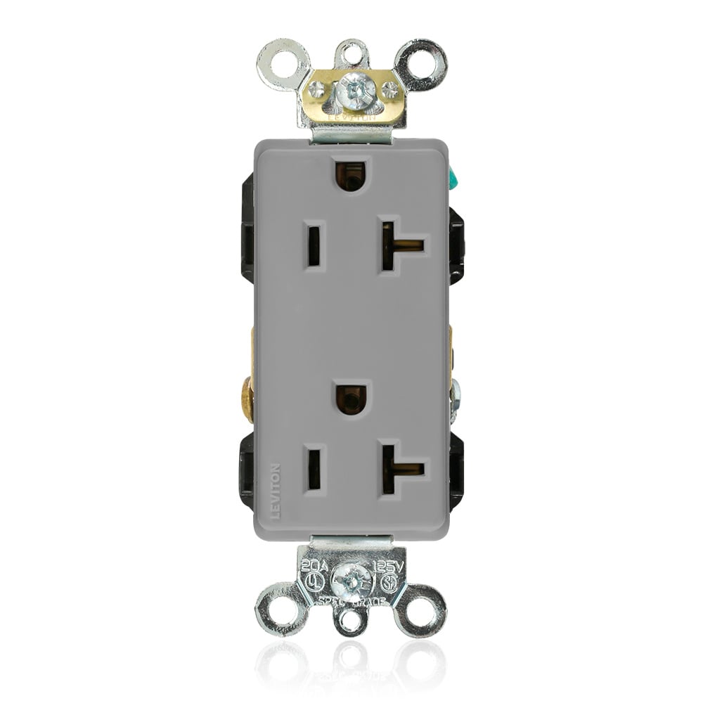 16362-GY 1-Phase Duplex Heavy Duty Self-Grounding Straight Blade Receptacle, 125 V AC, 20 A, 2 Poles, 3 Wires, Gray