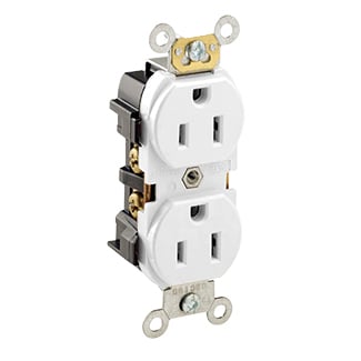5252-W Heavy Duty Straight Blade Duplex Receptacle, 125 V AC, 15 A, 2 Poles, 3 Wires, White