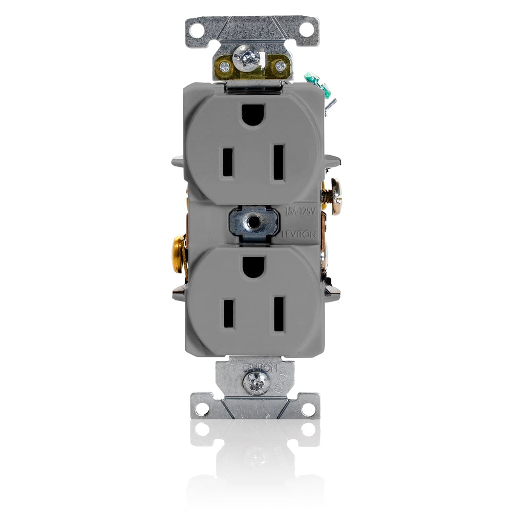 5252-GY Heavy Duty Straight Blade Duplex Receptacle, 125 V AC, 15 A, 2 Poles, 3 Wires, Gray