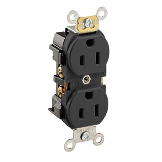 5252-E Heavy Duty Straight Blade Duplex Receptacle, 125 V AC, 15 A, 2 Poles, 3 Wires, Black