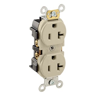 5352-I Heavy Duty Straight Blade Duplex Receptacle, 125 V AC, 20 A, 2 Poles, 3 Wires, Ivory