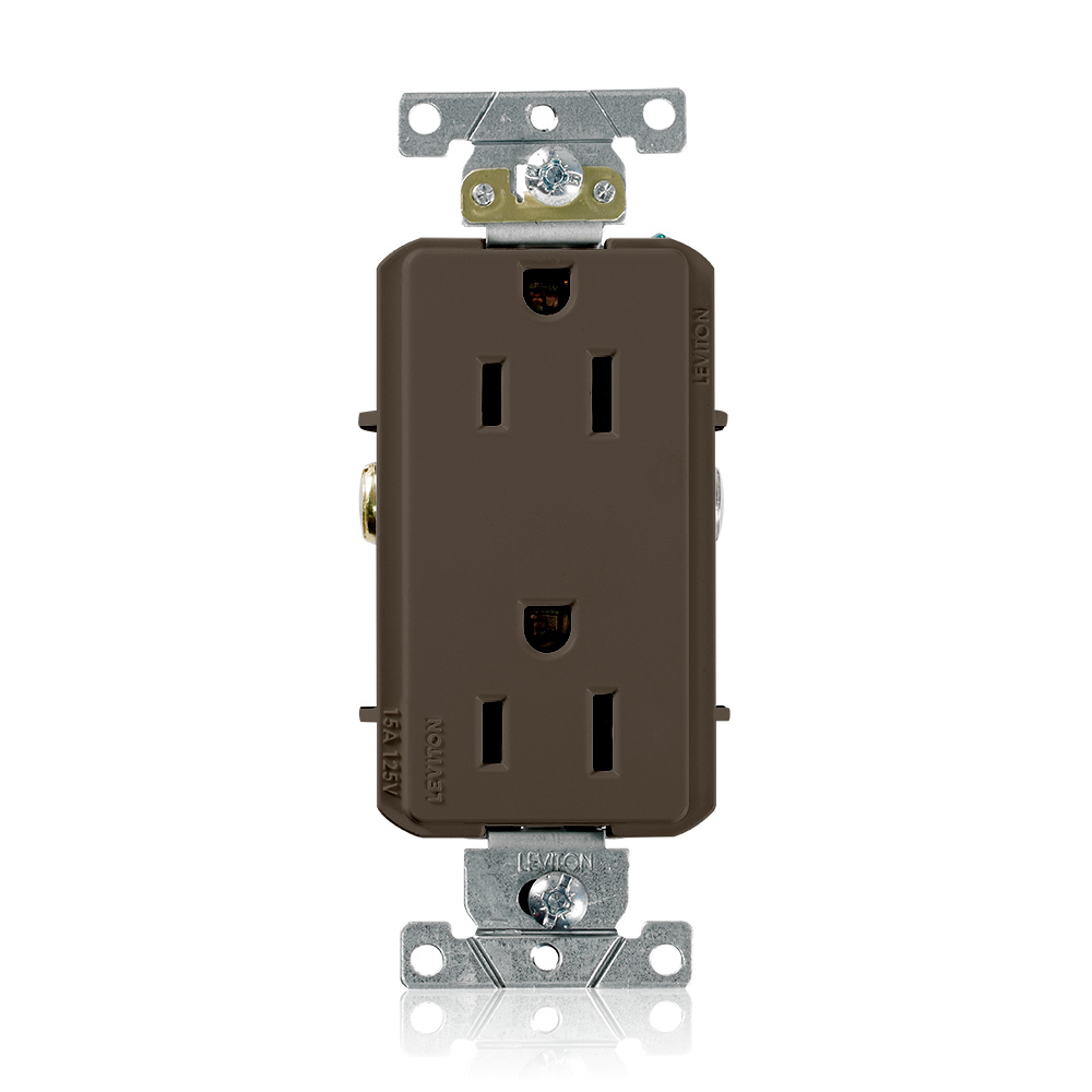 16252 Decora Plus Heavy Duty Self Grounding Straight Blade Duplex Receptacle, 125 V AC, 15 A, 2 Poles, 3 Wires, Brown