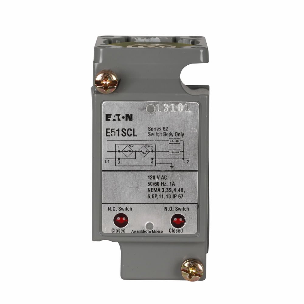 E51SCL Limit Switch Body, For Use With Assembled Inductive Proximity Sensor and E51 Modular Limit Switch Style, 120 V AC/10 to 30 V DC, 1 A, 50/60 Hz Electrical Rating, Plug-In Connection, -13 to 158 deg F Operating Temperature, Die Cast Zinc