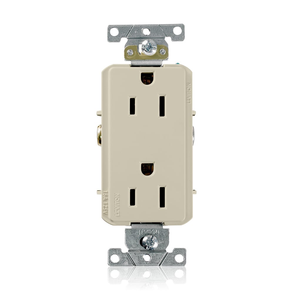 16252-I Decora Plus Heavy Duty Self Grounding Straight Blade Duplex Receptacle, 125 V AC, 15 A, 2 Poles, 3 Wires, Ivory