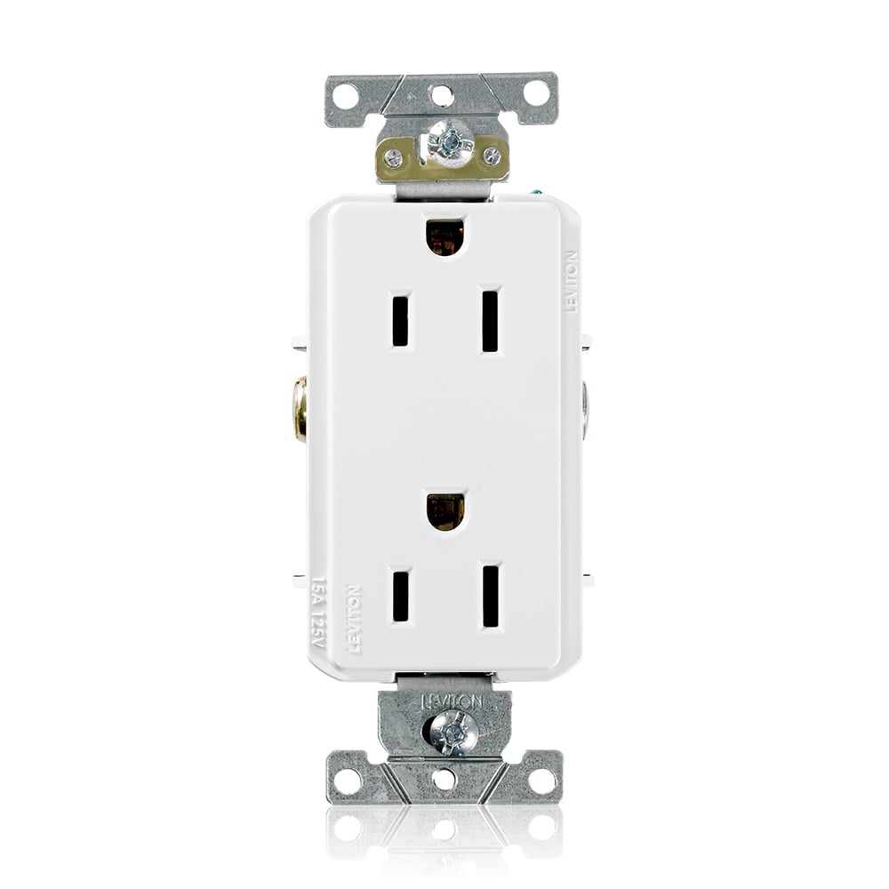 16252-W Heavy Duty Self Grounding Duplex Receptacle, 125 V AC, 15 A, 2 Poles, 3 Wires, White
