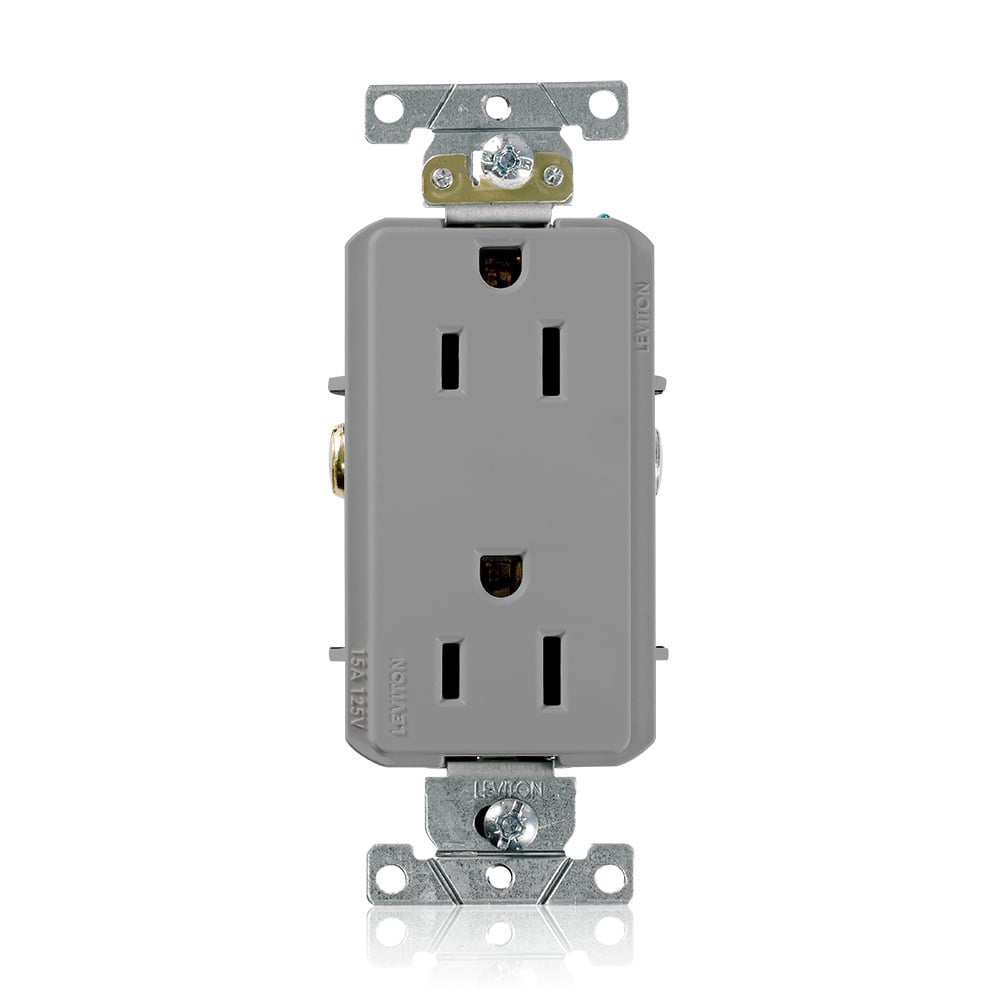 16252-GY Heavy Duty Self Grounding Duplex Receptacle, 125 V AC, 15 A, 2 Poles, 3 Wires, Gray