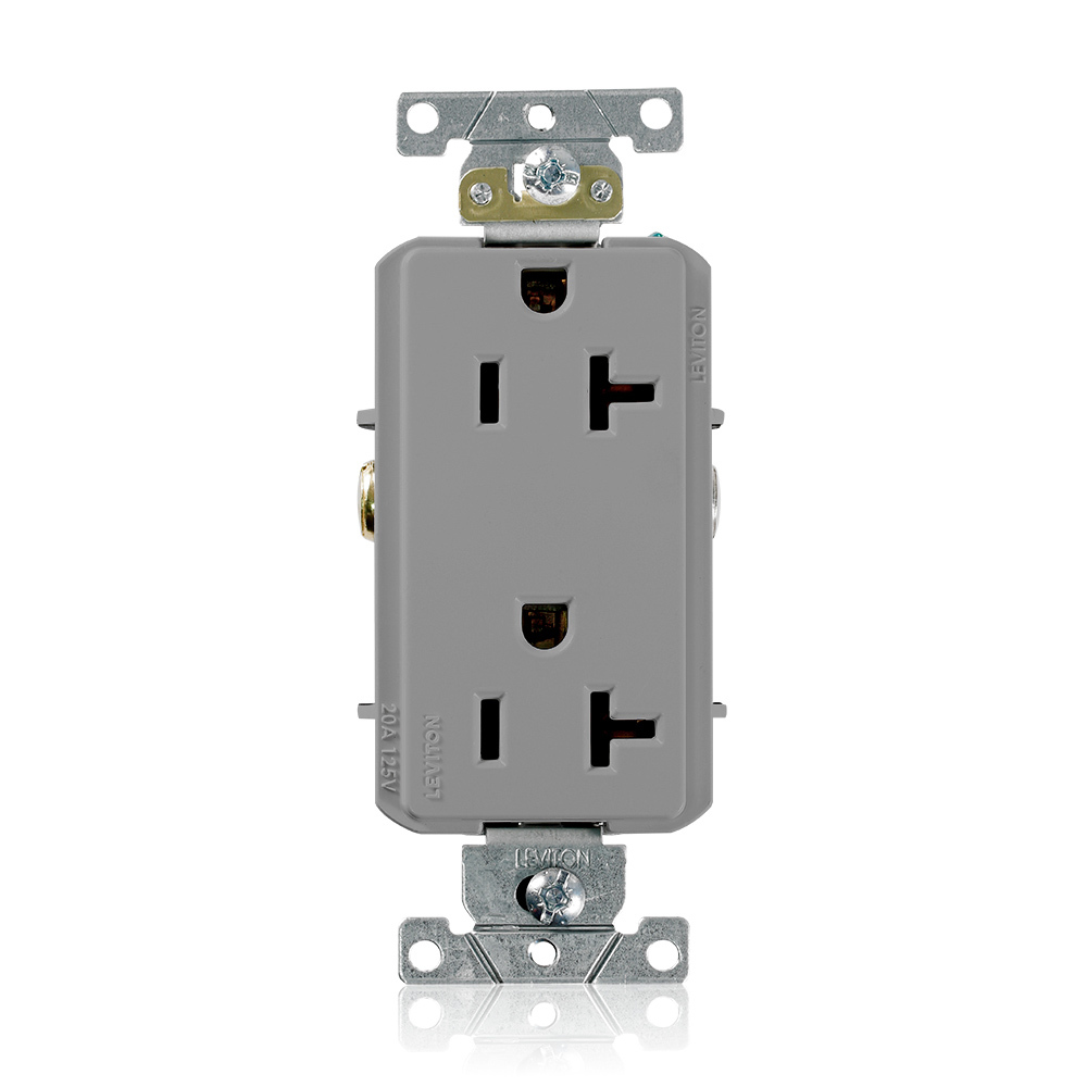 16352-GY Heavy Duty Self Grounding Duplex Receptacle, 125 V AC, 20 A, 2 Poles, 3 Wires, Gray