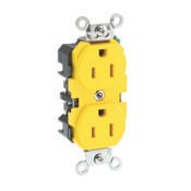 52CM-62 Corrosion Resistant Duplex Extra Heavy Duty Self-Grounding Wide Body Straight Blade Receptacle, 125 V AC, 15 A, 2 Poles, 3 Wires, Yellow