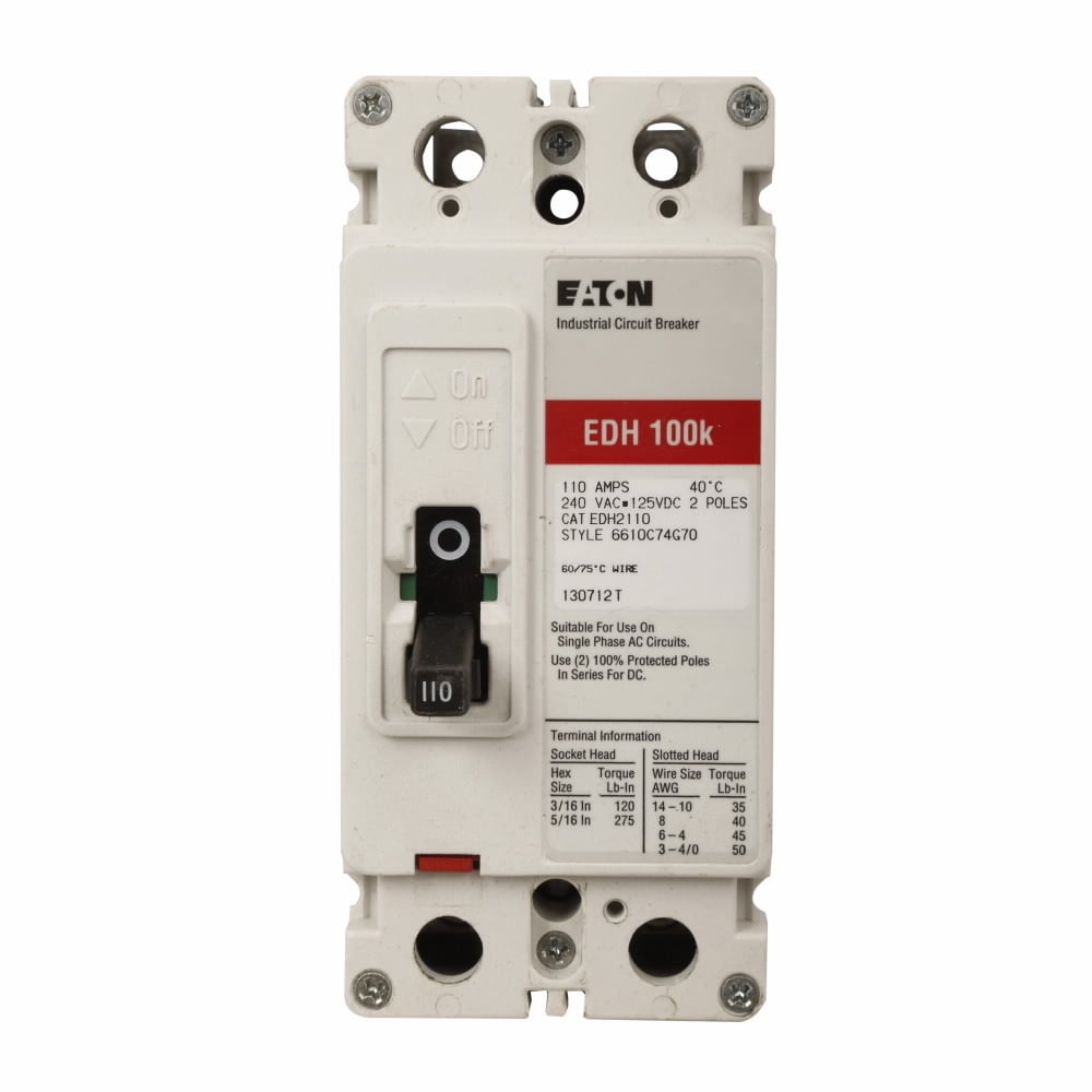 EDH2100L C Series Type EDH Molded Case Circuit Breaker, 240 V AC/125 V DC, 100 A, 100 kAIC at 240 VAC Interrupt, 2 Poles, Thermal Magnetic Trip