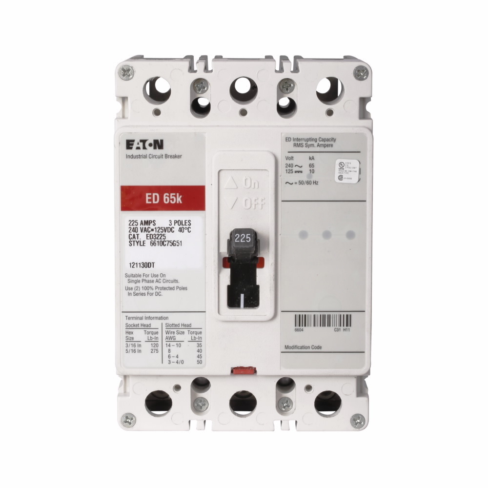 ED3175L C Series Type ED Molded Case Circuit Breaker With Terminals, 240 V AC/125 V DC, 175 A, 65 kAIC at 240 VAC Interrupt, 3 Poles, Thermal Magnetic Trip