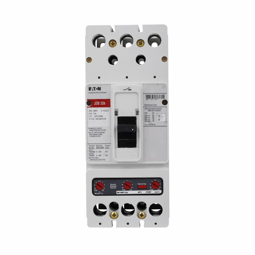 JDB3200W C Series Type JDB Molded Case Circuit Breaker, 600 V AC/250 V DC, 200 A, 35 kAIC at 480 VAC/65 kAIC at 240 VAC Interrupt, 3 Poles, Thermal Magnetic Trip