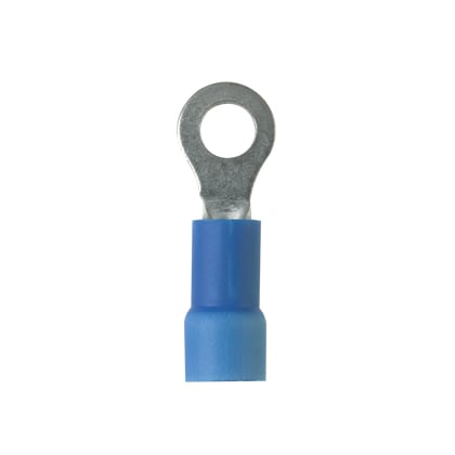 PV14-10RX-M Pan-Term Type PV-RX Loose Piece Ring Terminal, 14 AWG Conductor, 0.96 in L, Brazed Seam/Expanded Entry/Insulation Support Barrel, Copper, Blue