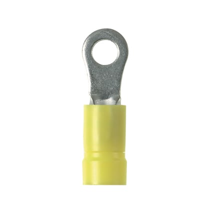 PV12-10HDR-L Pan-Term Type PV-HDR Heavy Duty Loose Piece Ring Terminal, 12 AWG Conductor, 1.08 in L, Brazed Seam/Funnel Entry/Insulation Support/Internal Serration Barrel, Copper, Yellow