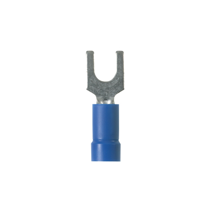 PV14-10F-C Pan-Term Type PV-F Loose Piece Fork Terminal, 16 to 14 AWG Conductor, 0.92 in L, Brazed Seam/Funnel Entry/Internal Serration Barrel, Copper, Blue