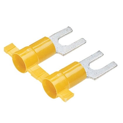 PV10-10FB-2K Pan-Term Reel Smart Reel-Fed Fork Terminal, #10 Conductor, 1.04 in L, Butted Seam/Funnel Entry Barrel, Copper, Yellow
