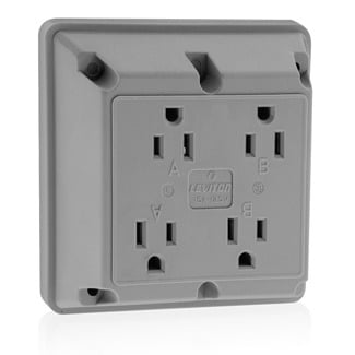 1254-GY 1-Phase 4-in-1 Extra Heavy Duty Grounding Quadruplex Straight Blade Receptacle, 125 V AC, 15 A, 2 Poles, 3 Wires, Gray