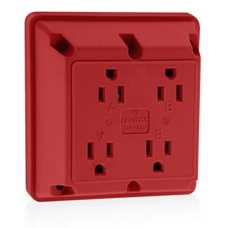 1254-R 1-Phase 4-in-1 Extra Heavy Duty Grounding Quadruplex Straight Blade Receptacle, 125 V AC, 15 A, 2 Poles, 3 Wires, Red