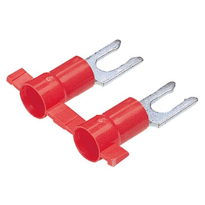 PV18-6LFB-3K Pan-Term Reel Smart Type PV-LFB Reel-Fed Fork Terminal, 22 to 18 AWG Conductor, 0.8 in L, Butted Seam/Funnel Entry/Internal Serration Barrel, Copper, Red