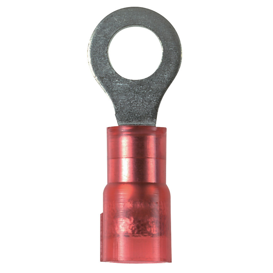 PNF18-38R-M Pan-Term Type PNF-R Ring Terminal, 18 AWG Conductor, 1.16 in L, Brazed Seam/Funnel Entry/Internal Serration Barrel, Copper, Red