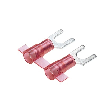 PNF18-6FN-3K Pan-Term Reel Smart Reel-Fed Fork Terminal, #18 Conductor, 0.77 in L, Funnel Entry/Insulation Grip Sleeve Barrel, Copper, Red