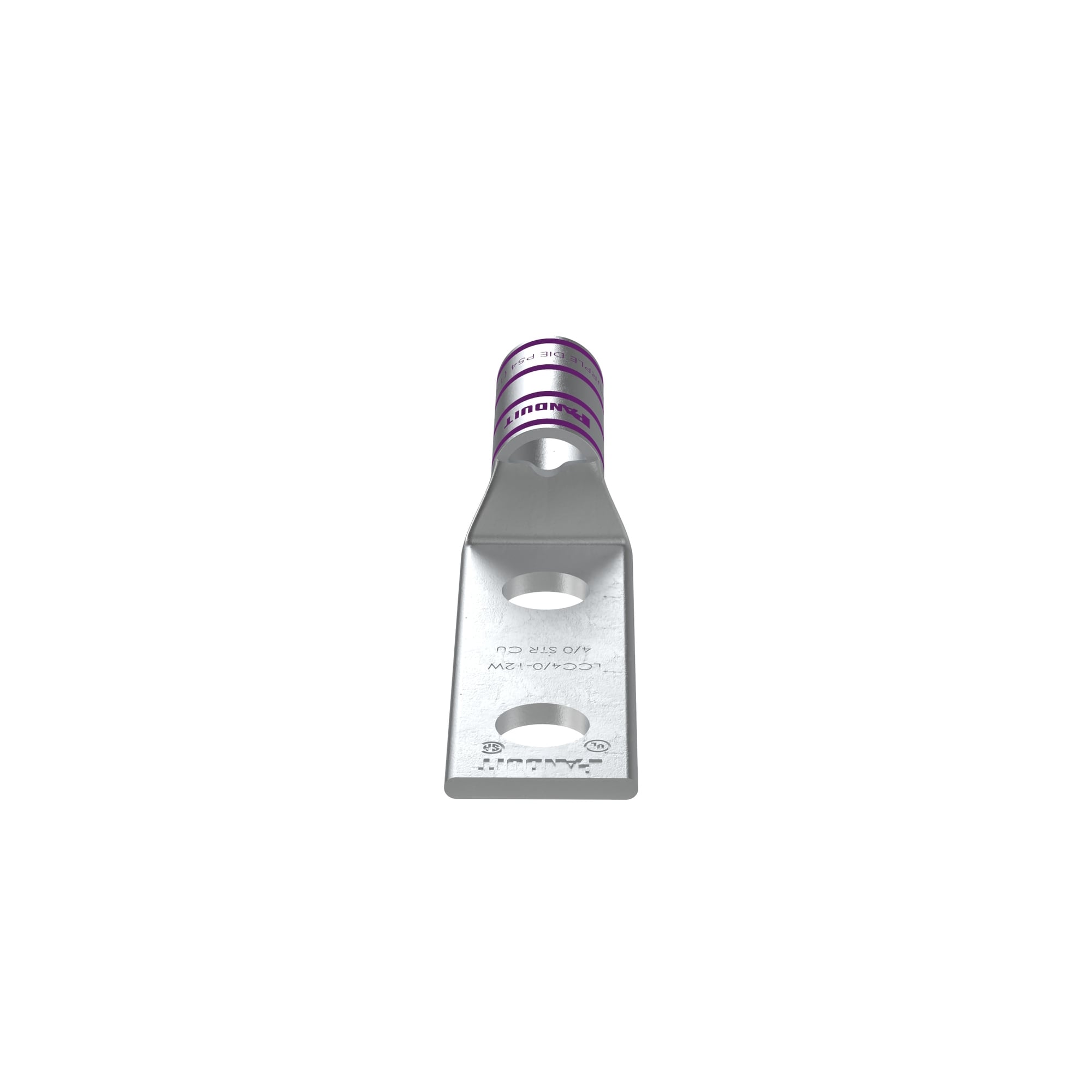 LCC4/0-12W-X Pan-Lug LCC-W 2-Hole Compression Lug Connector With Inspection Window, 4/0 AWG Stranded Copper Conductor, Die Code: P54, 1/2 in Stud, Tin Plated Copper
