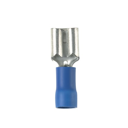 DVF14-250-C Pan-Term Type DVF Loose Piece Vibration-Resistant Female Disconnect, 14 AWG Conductor, 0.25 in W x 0.032 in THK Tab, Funnel Entry/Sleeved Barrel, Brass, Blue, Barrel Insulated