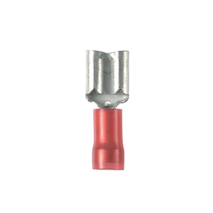 DNF18-205-C Pan-Term Type DNF Loose Piece Vibration-Resistant Female Disconnect, 22 AWG Conductor, 0.187 to 0.205 in W x 0.032 in THK Tab, Funnel Entry/Sleeved Barrel, Brass, Red, Barrel Insulated