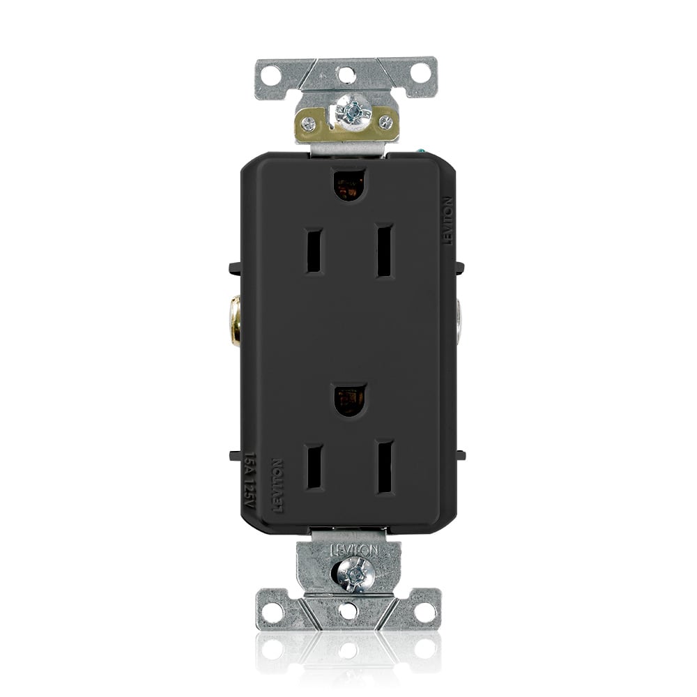 16252-E Heavy Duty Self Grounding Duplex Receptacle, 125 V AC, 15 A, 2 Poles, 3 Wires, Black