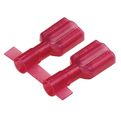 DNF18-110FIB-3K Reel Smart Type DNF-FIB Reel Vibration-Resistant Female Disconnect, 18 AWG Conductor, 0.11 in W x 0.032 in THK Tab, Butted Seam/Funnel Entry Barrel, Brass, Red, Fully Barrel Insulated
