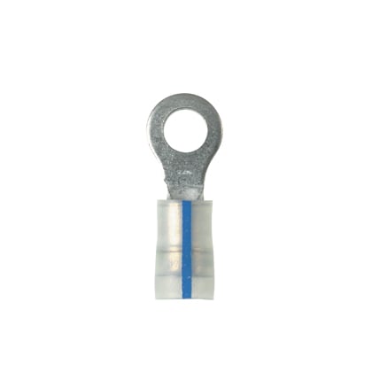 PK14-14R-C Pan-Term Type PK-R Ring Terminal, 14 AWG Conductor, 1.08 in L, Brazed Seam/Insulation Grip Sleeve/Internal Serration/Standard Barrel, Copper, Blue