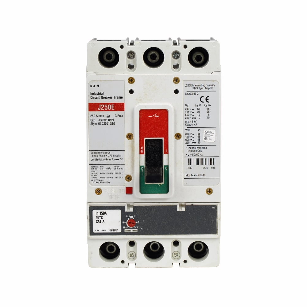 JGE3150FAG Type JGE Molded Case Circuit Breaker, 600 V AC, 150 A, 18/25/65 kA Interrupt, 3 Poles, Thermal Magnetic Trip