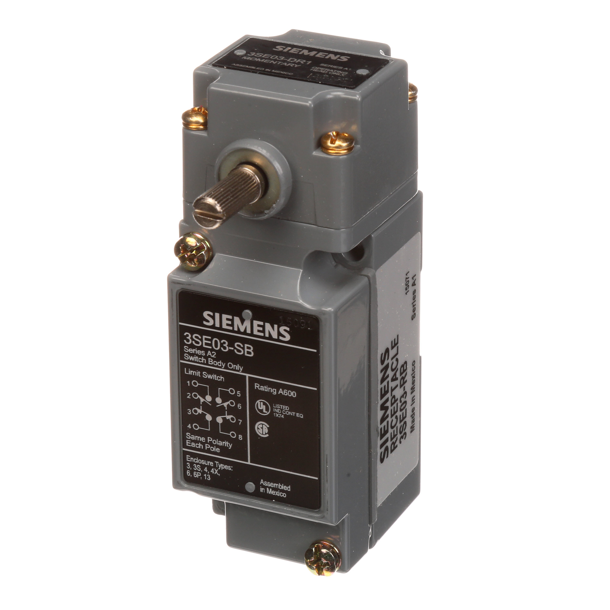 3SE03-BR1 Modular Limit Switch, 600 V AC/300 V DC, 1/10 A, Side Rotary Actuator, 2NO-2NC Contact, 2 Poles