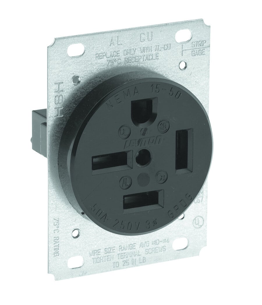 8450 3-Phase Extra Heavy Duty Grounding Straight Blade Receptacle, 250 V AC, 50 A, 3 Poles, 4 Wires, Black